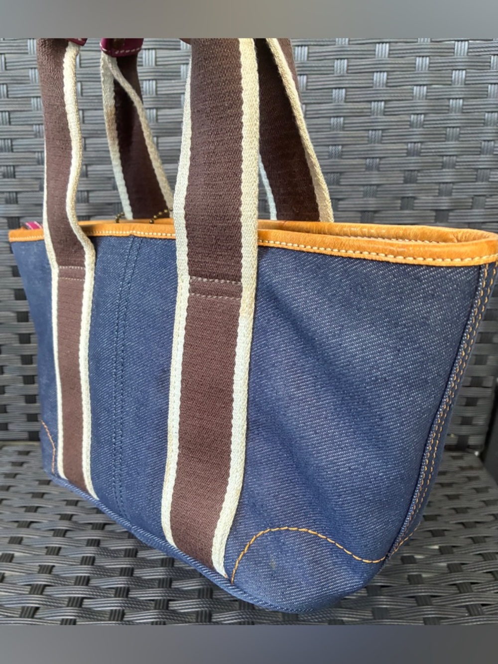 Coach Navy Denim Tote with Brown Straps and Pink Trim - Picture 15 of 16